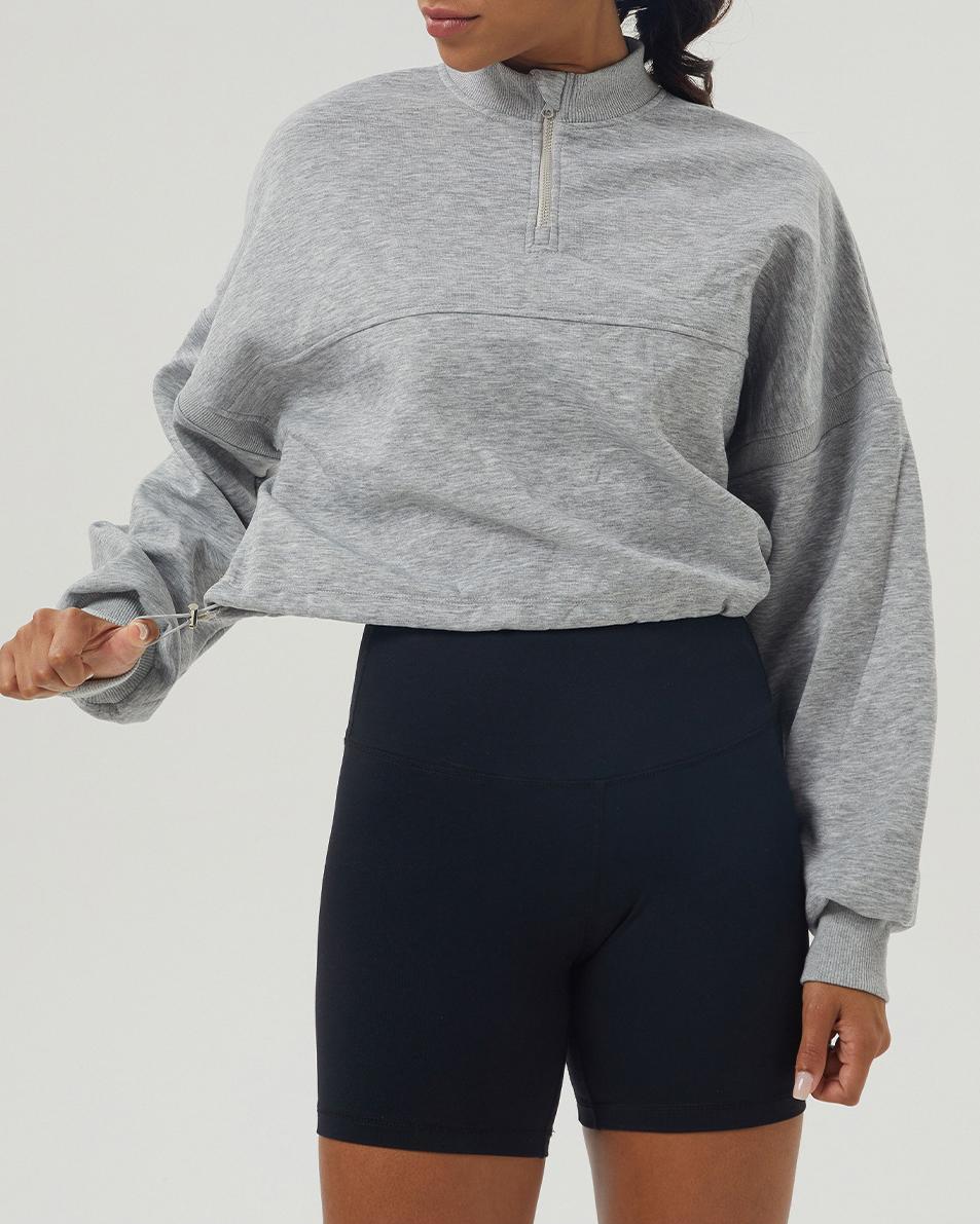 Cropped Half Zip Fleece Sweatshirt - Flowerash - 1