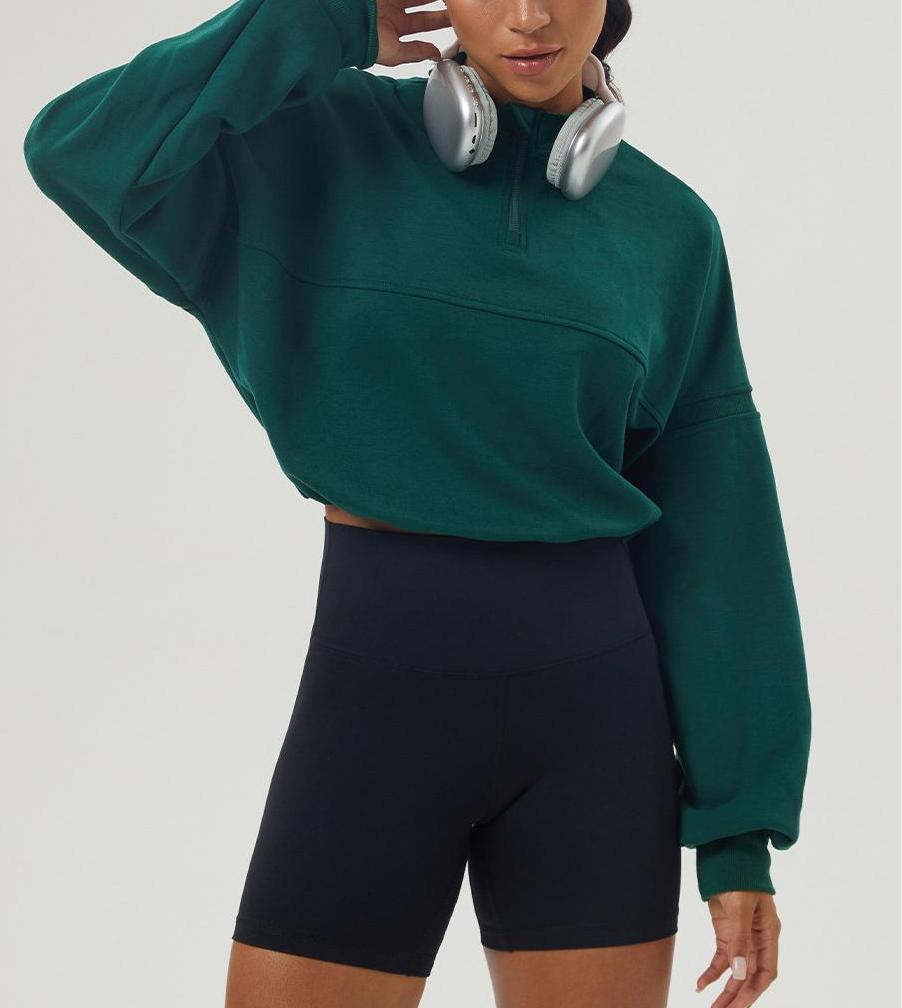 Cropped Half Zip Fleece Sweatshirt - Green