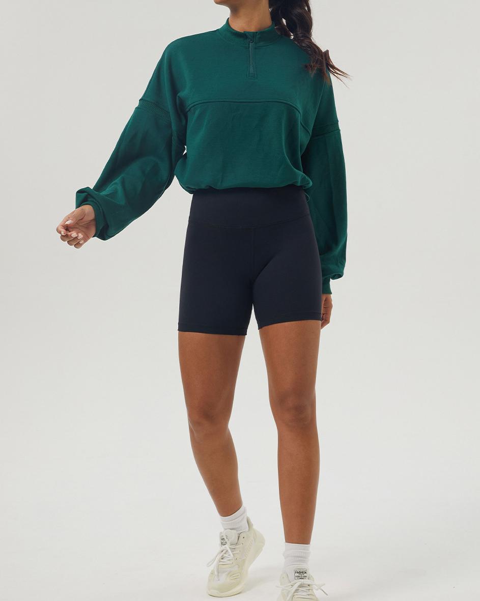 Cropped Half Zip Fleece Sweatshirt - Green - 1