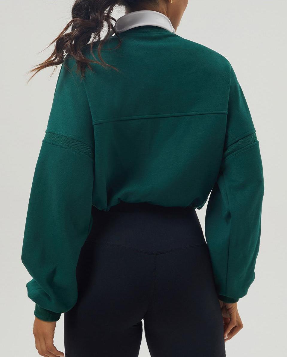 Cropped Half Zip Fleece Sweatshirt - Green - 2