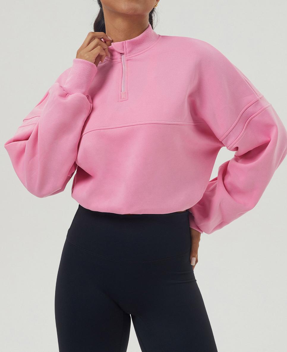 Cropped Half Zip Fleece Sweatshirt - Pink