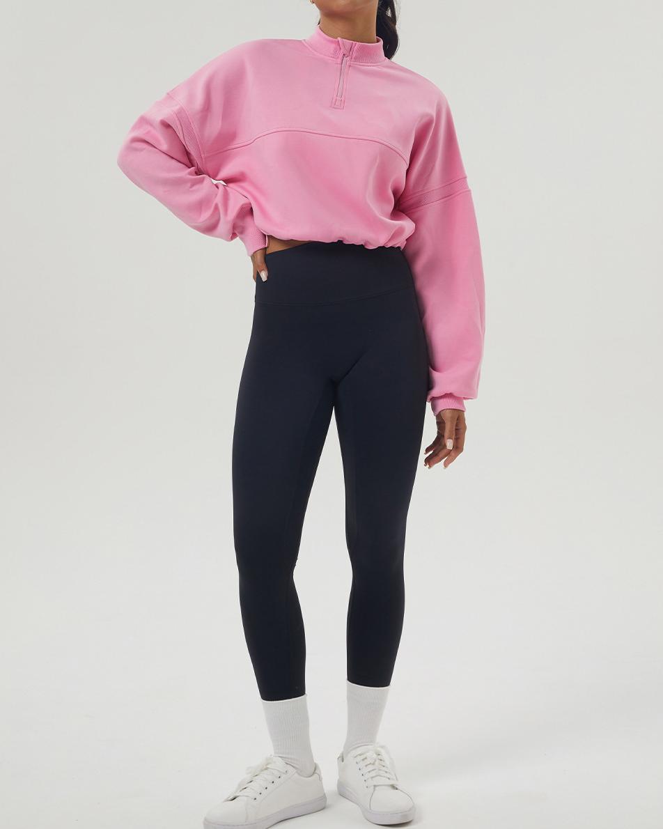 Cropped Half Zip Fleece Sweatshirt - Pink - 1
