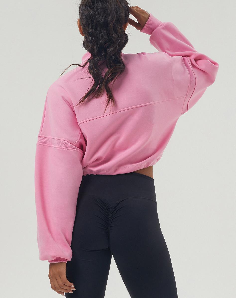 Cropped Half Zip Fleece Sweatshirt - Pink - 2