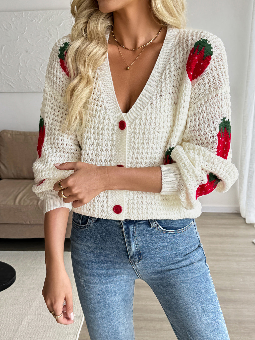 Strawberry Waffle Knit Button Front Cardigan - White
