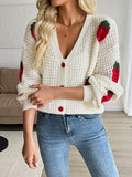 Strawberry Waffle Knit Button Front Cardigan - White