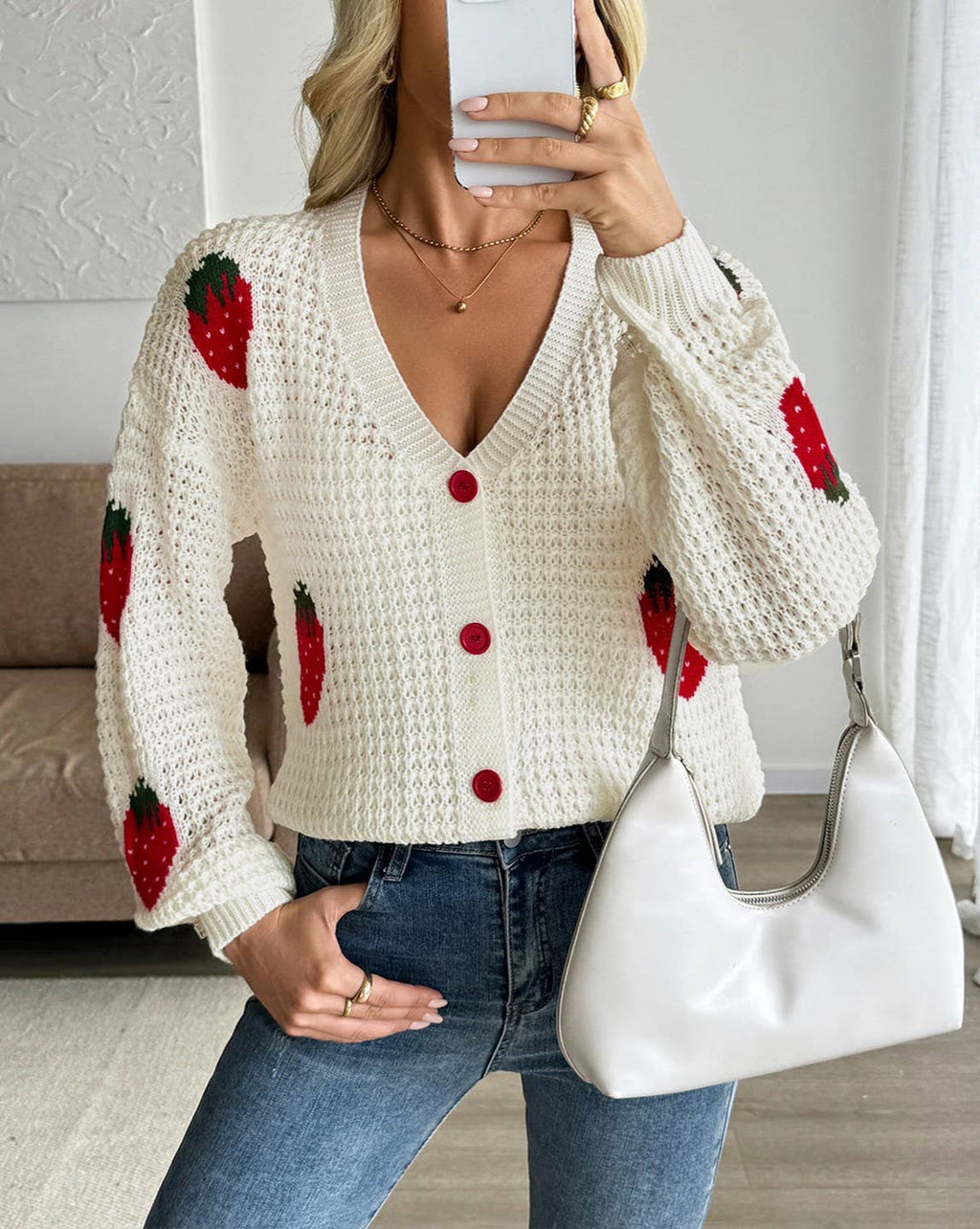 Strawberry Waffle Knit Button Front Cardigan