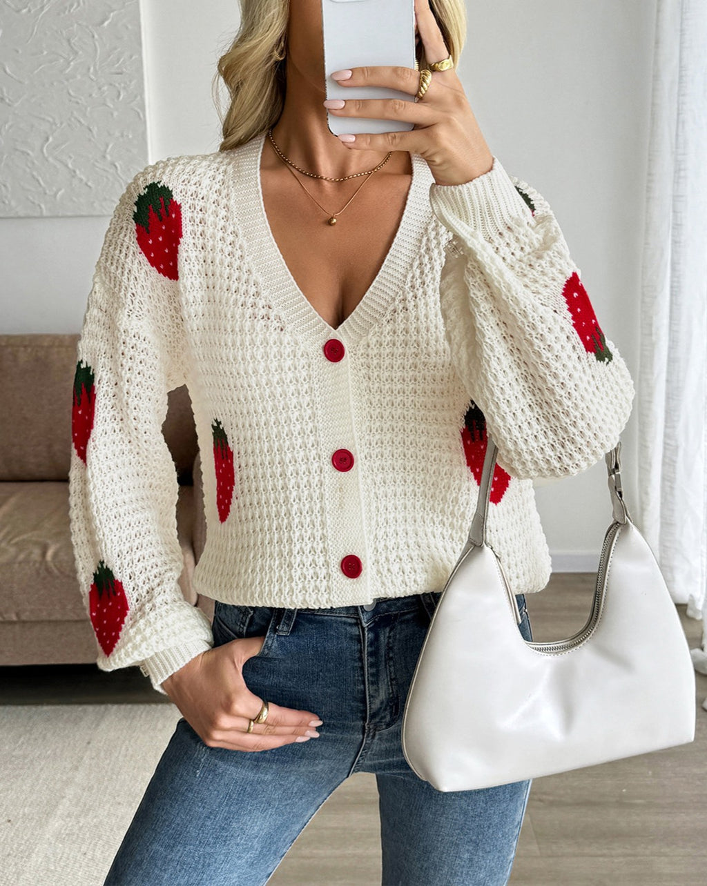 Strawberry Waffle Knit Button Front Cardigan - view 1
