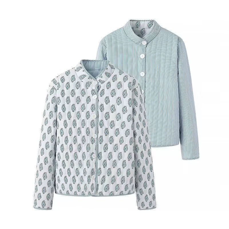Reversible Quilted Block Print Jacket - Blue - 1