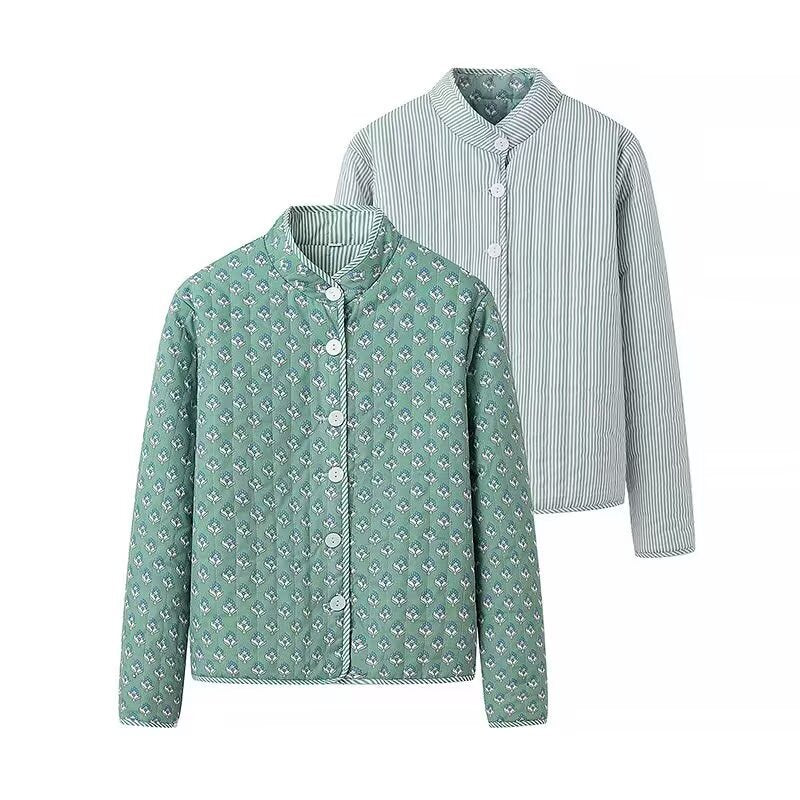 Reversible Quilted Block Print Jacket - Green