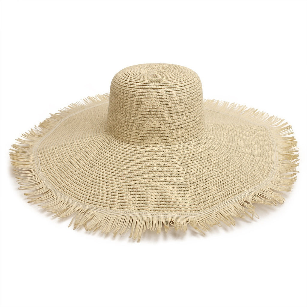 Frayed Brim Floppy Straw Sun Hat - Beige