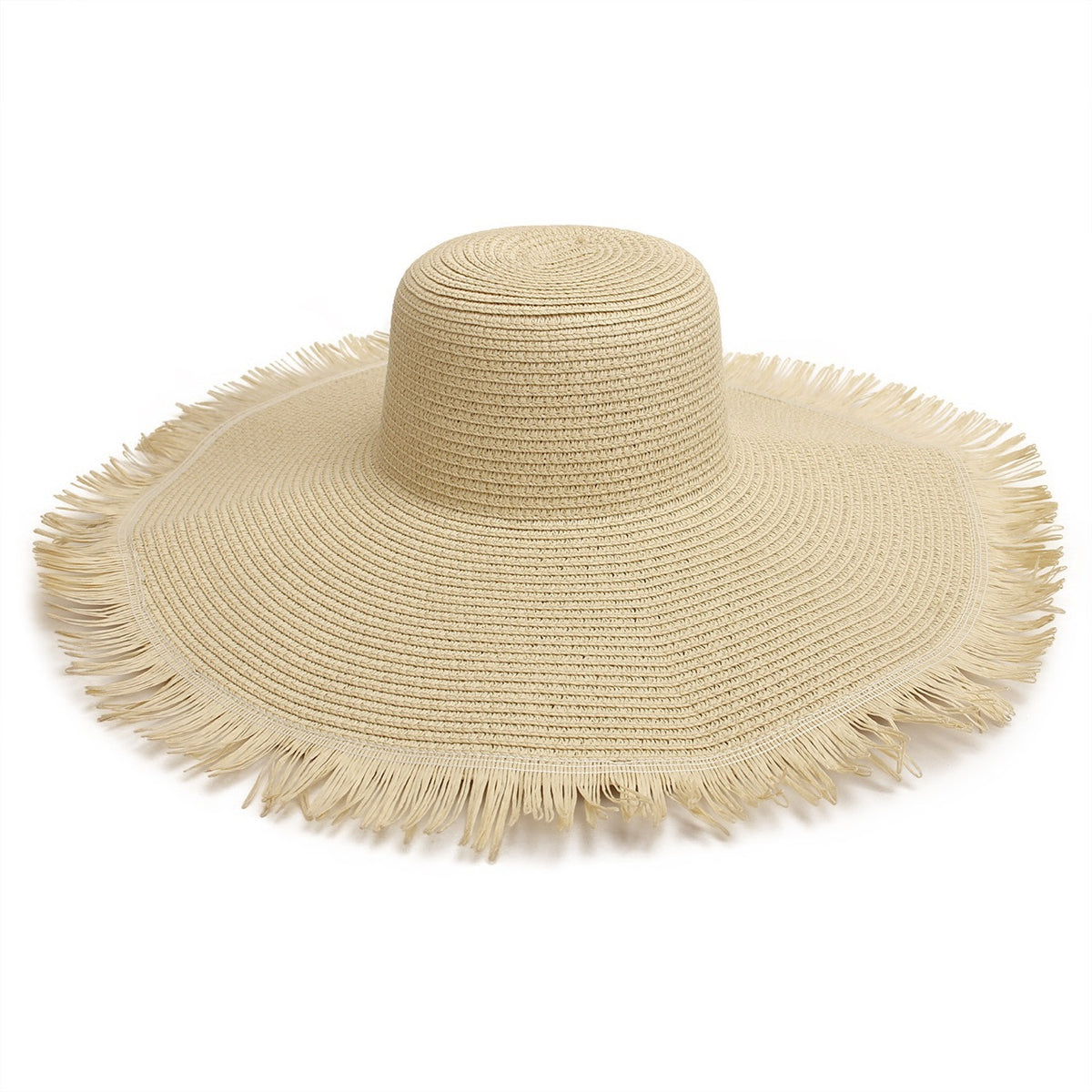 Frayed Brim Floppy Straw Sun Hat - Beige