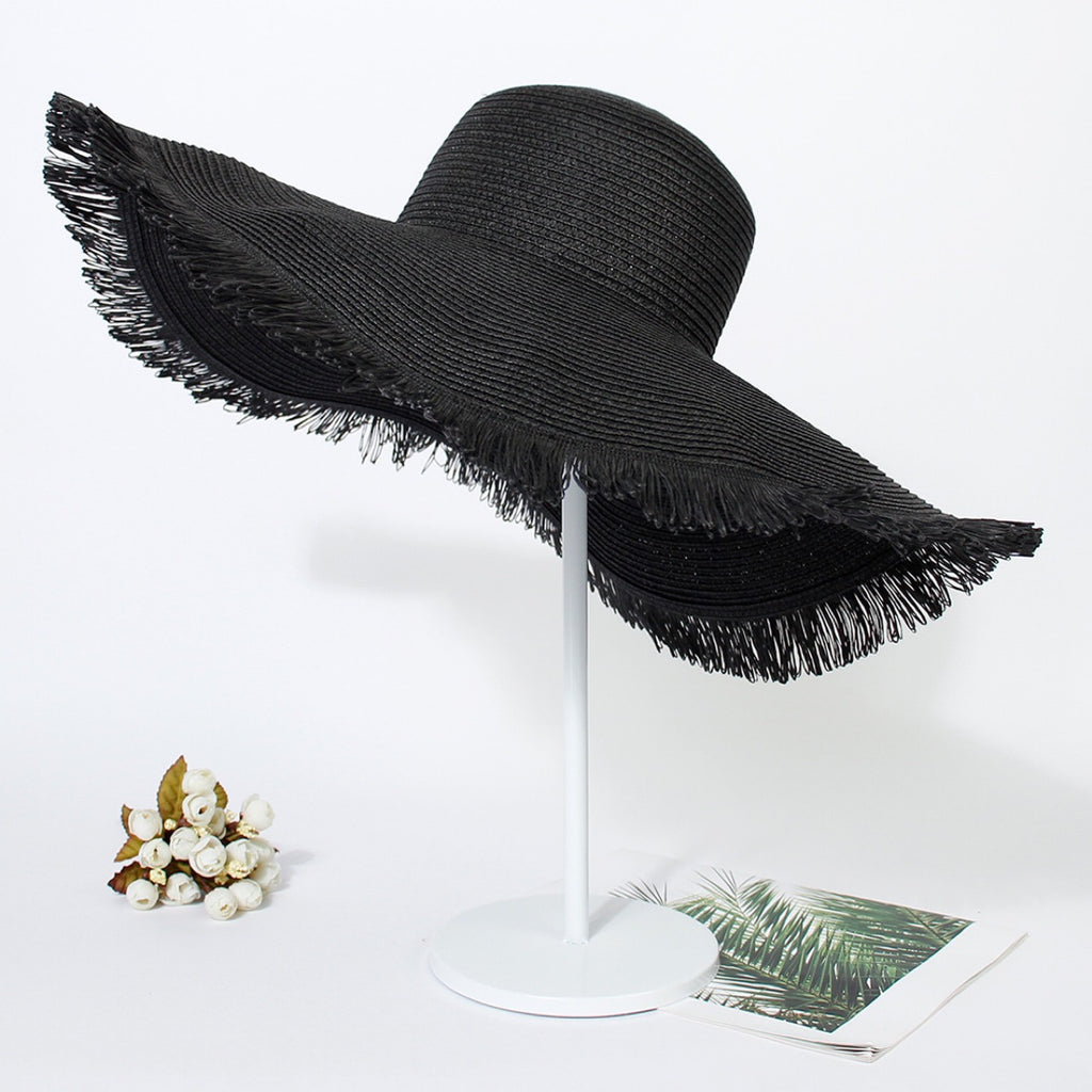 Frayed Brim Floppy Straw Sun Hat - Black