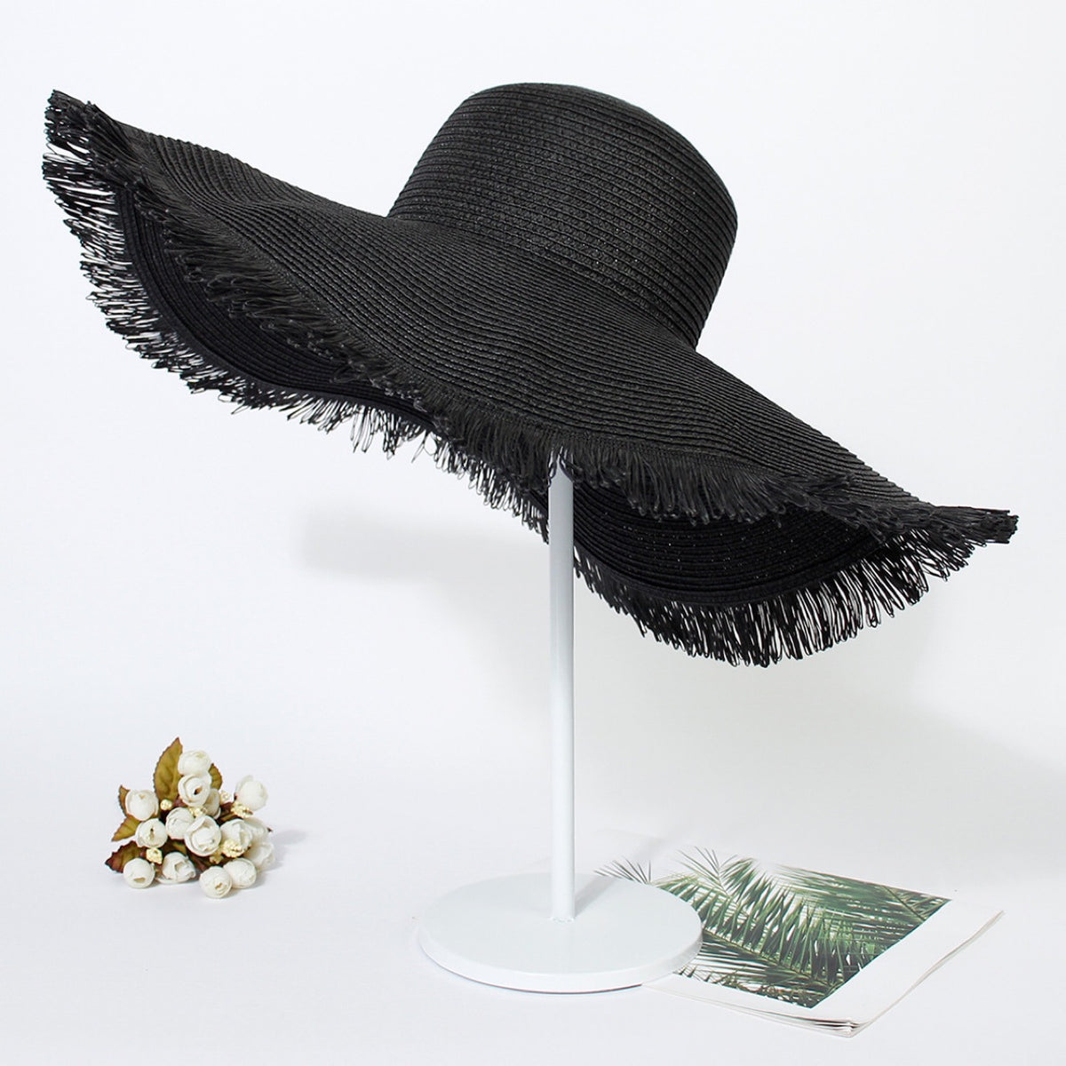 Frayed Brim Floppy Straw Sun Hat - Black
