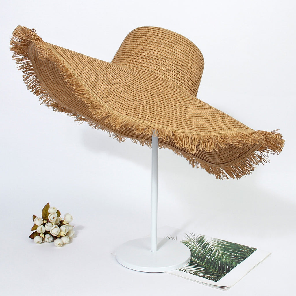 Frayed Brim Floppy Straw Sun Hat - Khaki