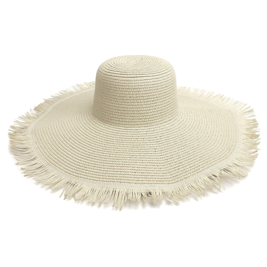 Frayed Brim Floppy Straw Sun Hat - Milk_White