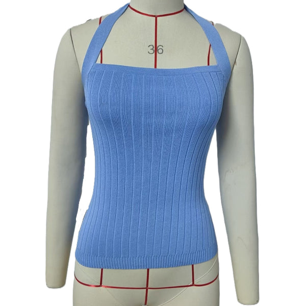 Ribbed Halter Tie Back Knit Top - Blue