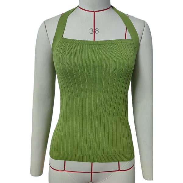 Ribbed Halter Tie Back Knit Top - Green