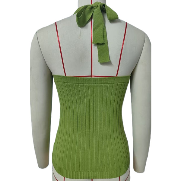 Ribbed Halter Tie Back Knit Top - Green - 1