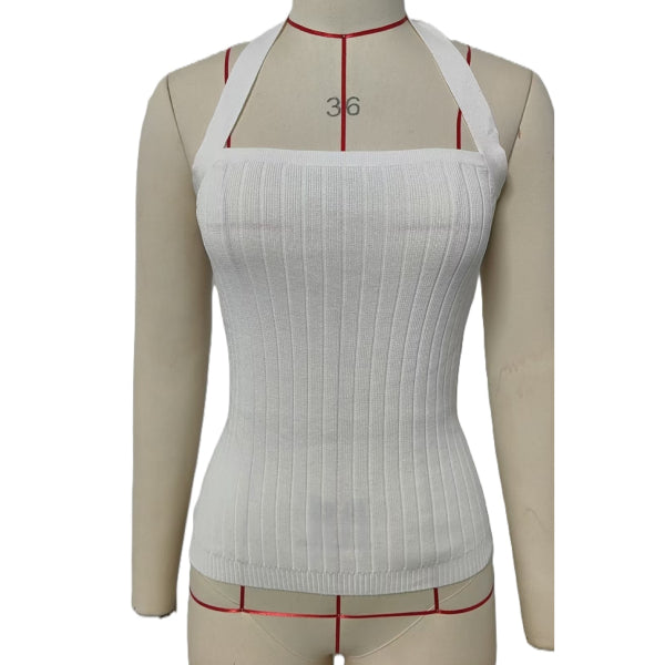 Ribbed Halter Tie Back Knit Top - White