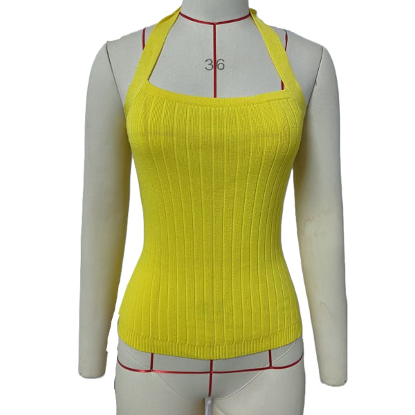 Ribbed Halter Tie Back Knit Top - Yellow