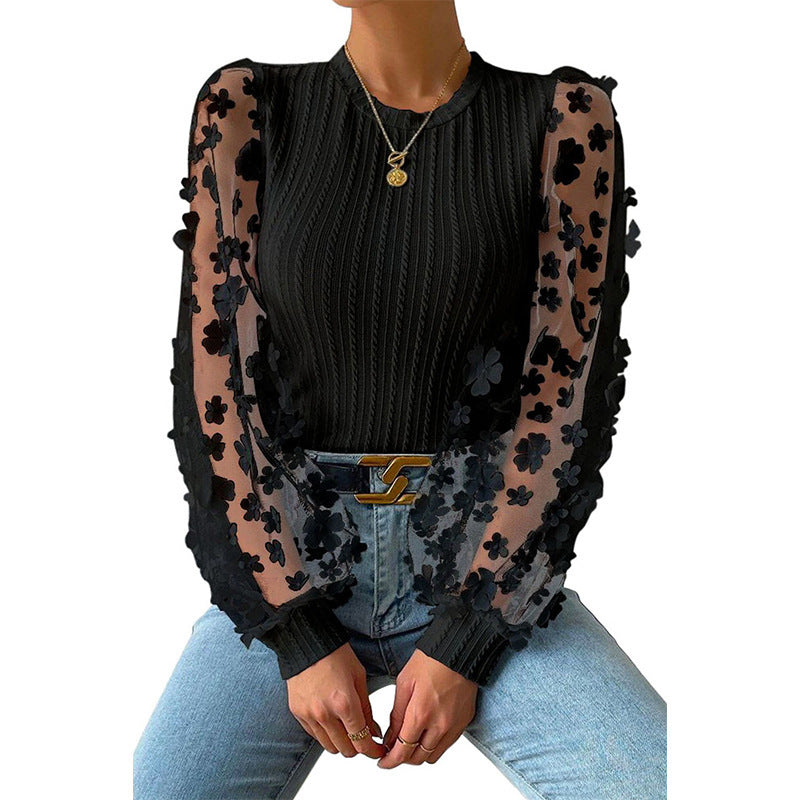 Floral Applique Mesh Sleeve Ribbed Blouse - Black