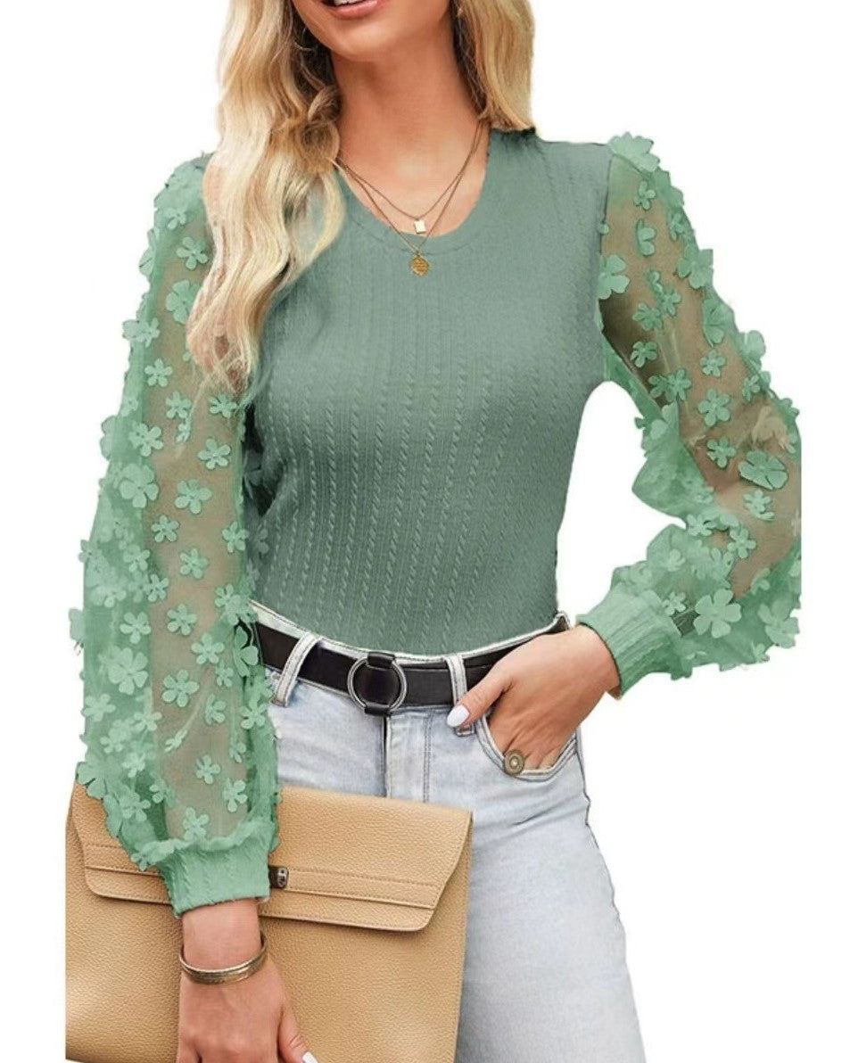 Floral Applique Mesh Sleeve Ribbed Blouse - Green