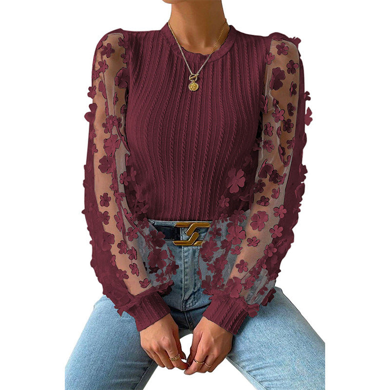 Floral Applique Mesh Sleeve Ribbed Blouse - Red