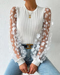 Floral Applique Mesh Sleeve Ribbed Blouse - White
