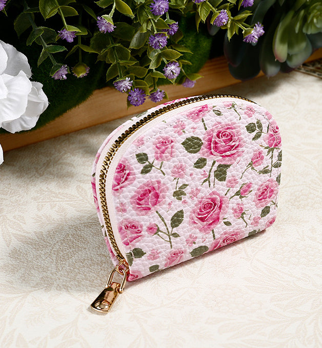 Ditsy Floral Zip Card Holder with Keychain - Pink
