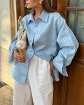 Oversized Cotton Button Up Boyfriend Shirt - Blue