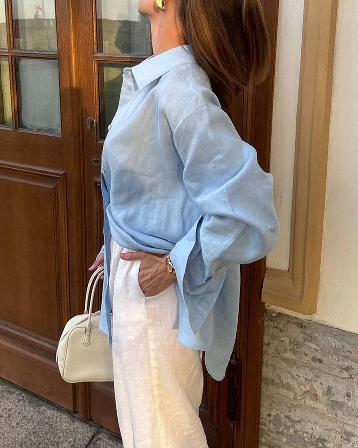Oversized Cotton Button Up Boyfriend Shirt - Blue - 2
