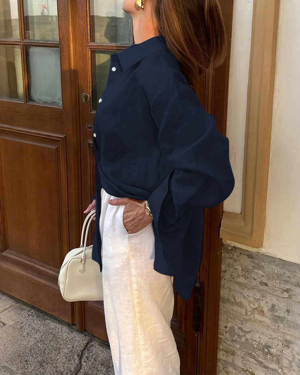 Oversized Cotton Button Up Boyfriend Shirt - Navy-Blue