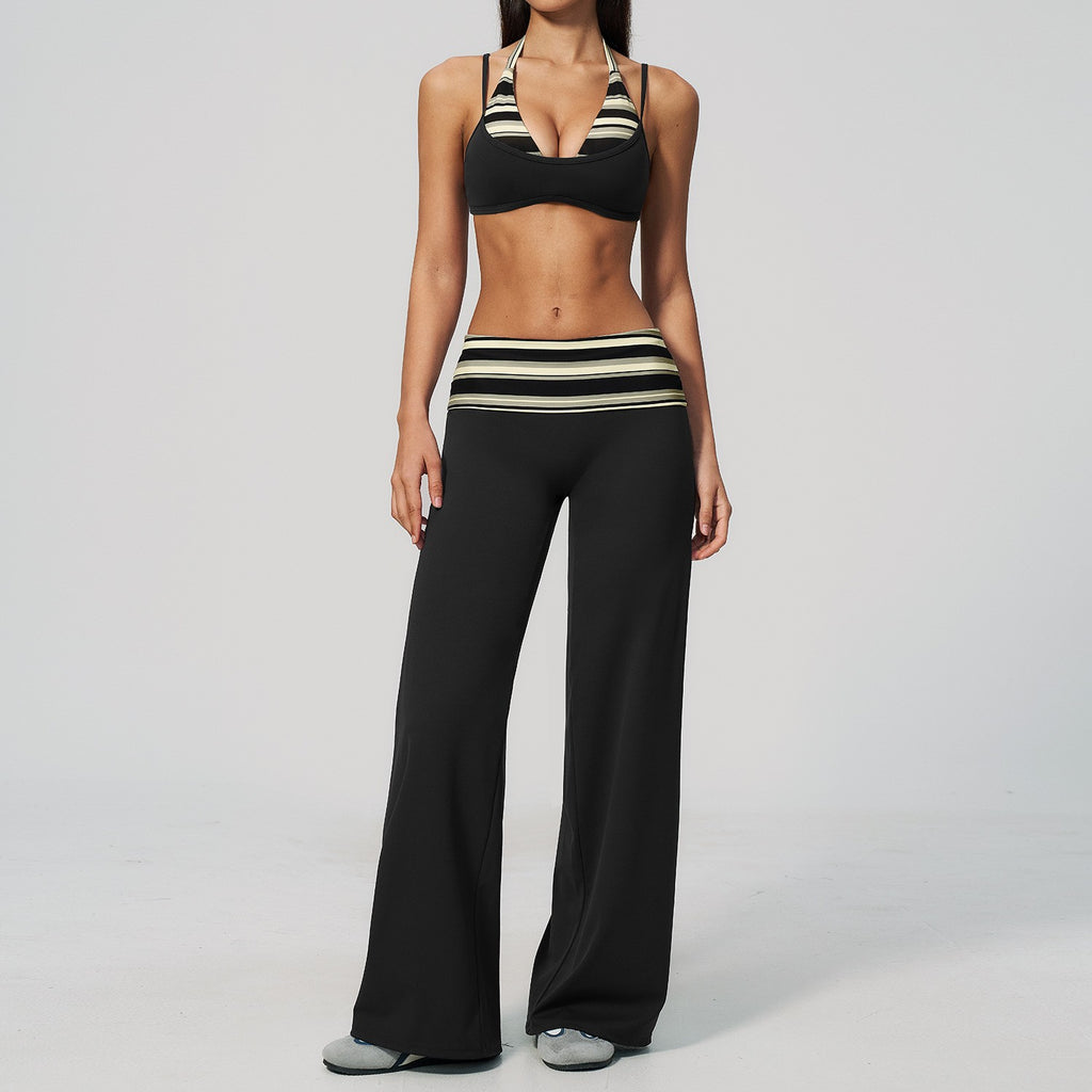 Fold-Over Wide Leg Yoga Pants and Bra Set - Black Stripe