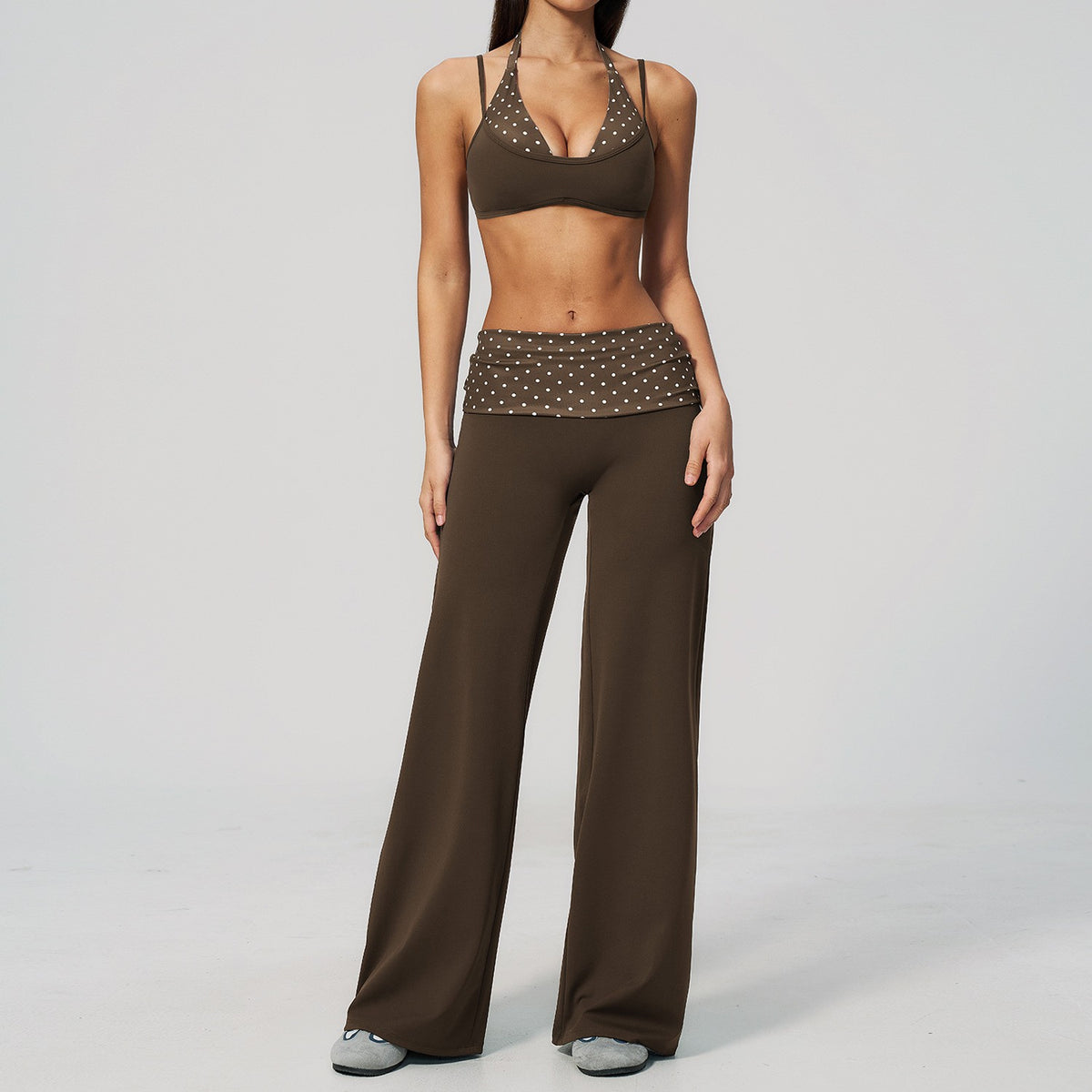 Fold-Over Wide Leg Yoga Pants and Bra Set - Brown Dot