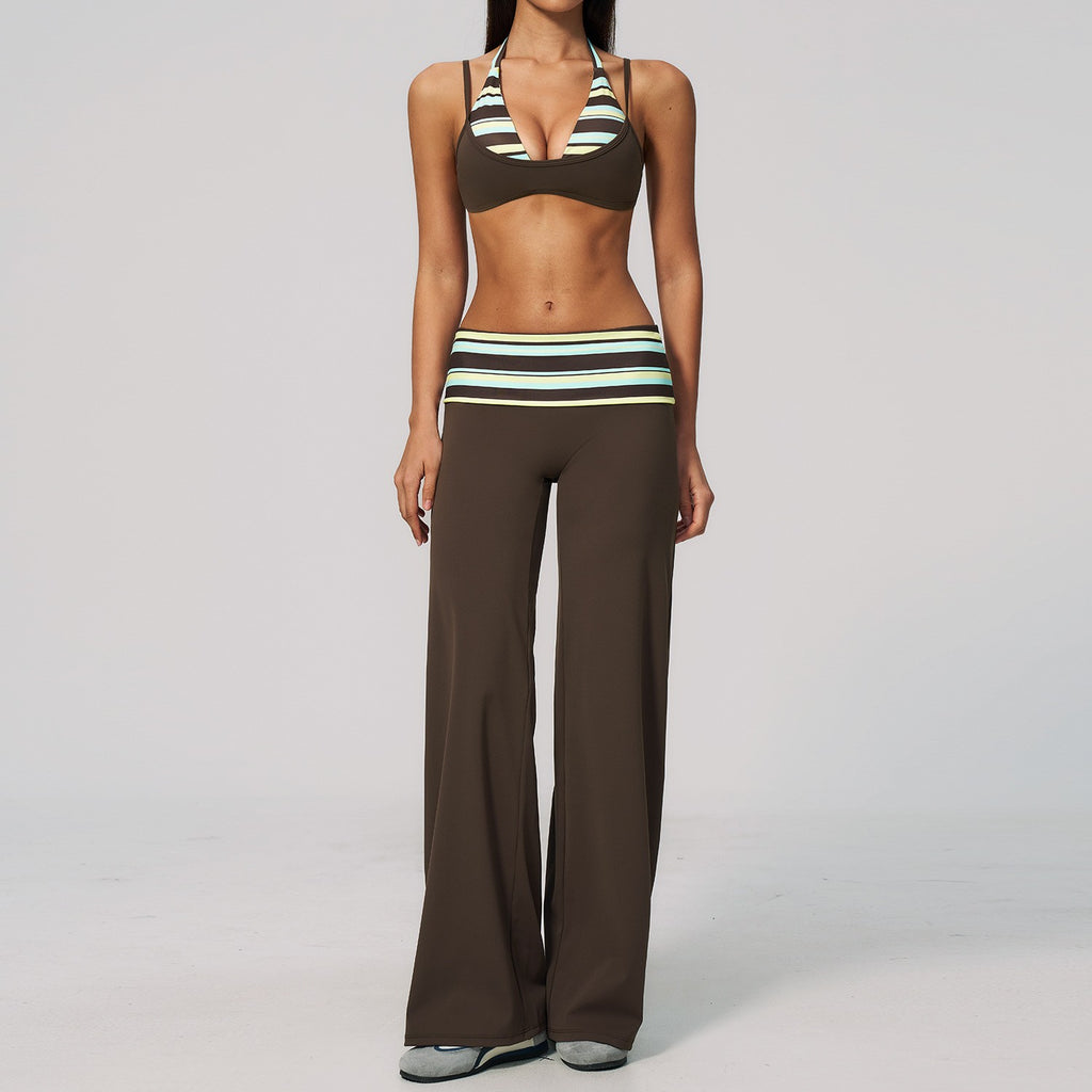 Fold-Over Wide Leg Yoga Pants and Bra Set - Brown Stripe