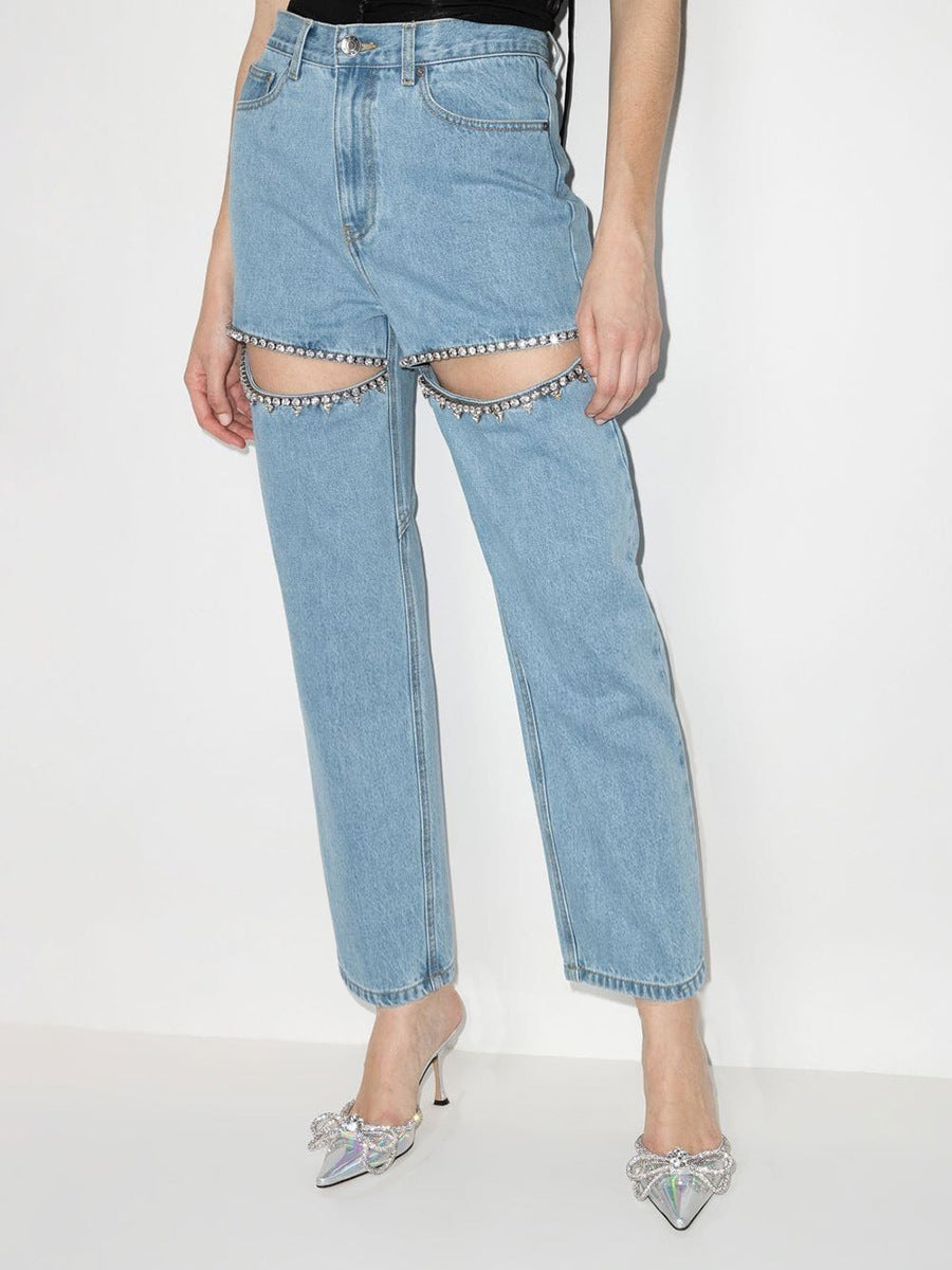 Cut Out Thigh Straight Leg Jeans - Blue