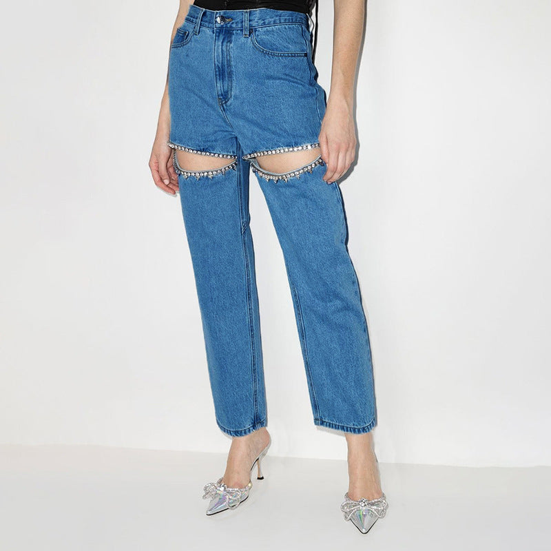 Cut Out Thigh Straight Leg Jeans - Dark_Blue