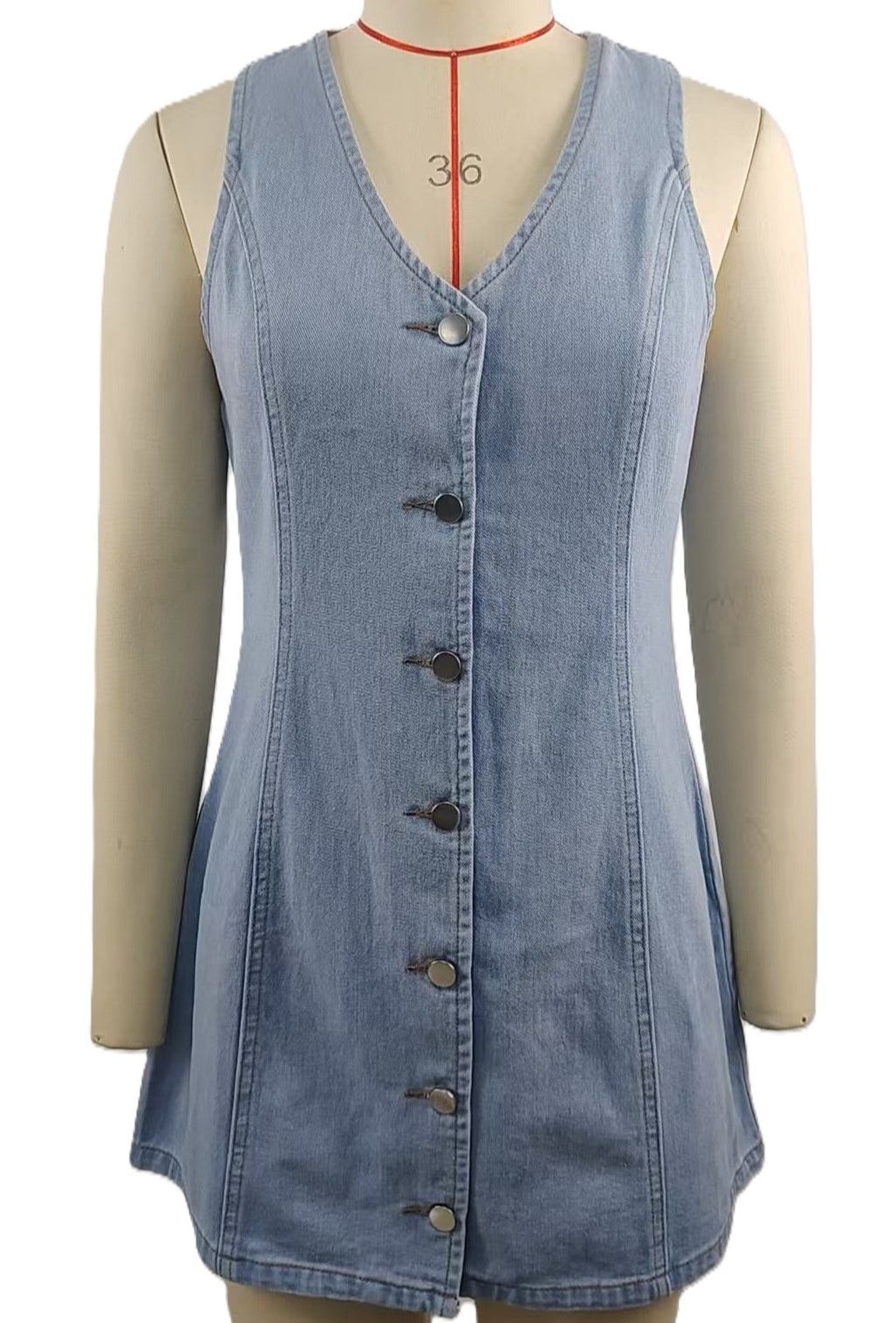 Sleeveless Button Front Denim Mini Dress - Blue