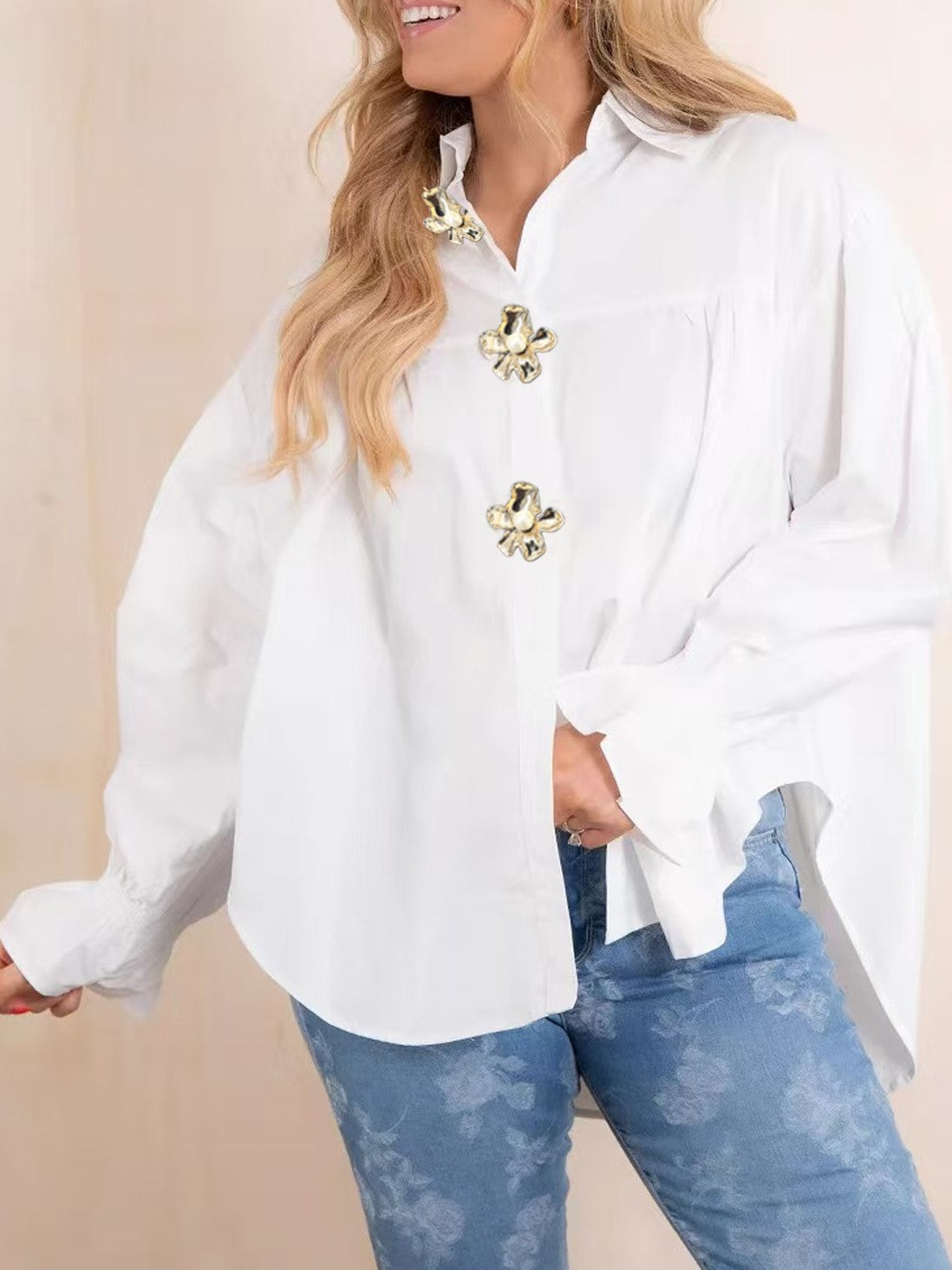 Flower Charm Button Oversized Poplin Shirt - white - 1