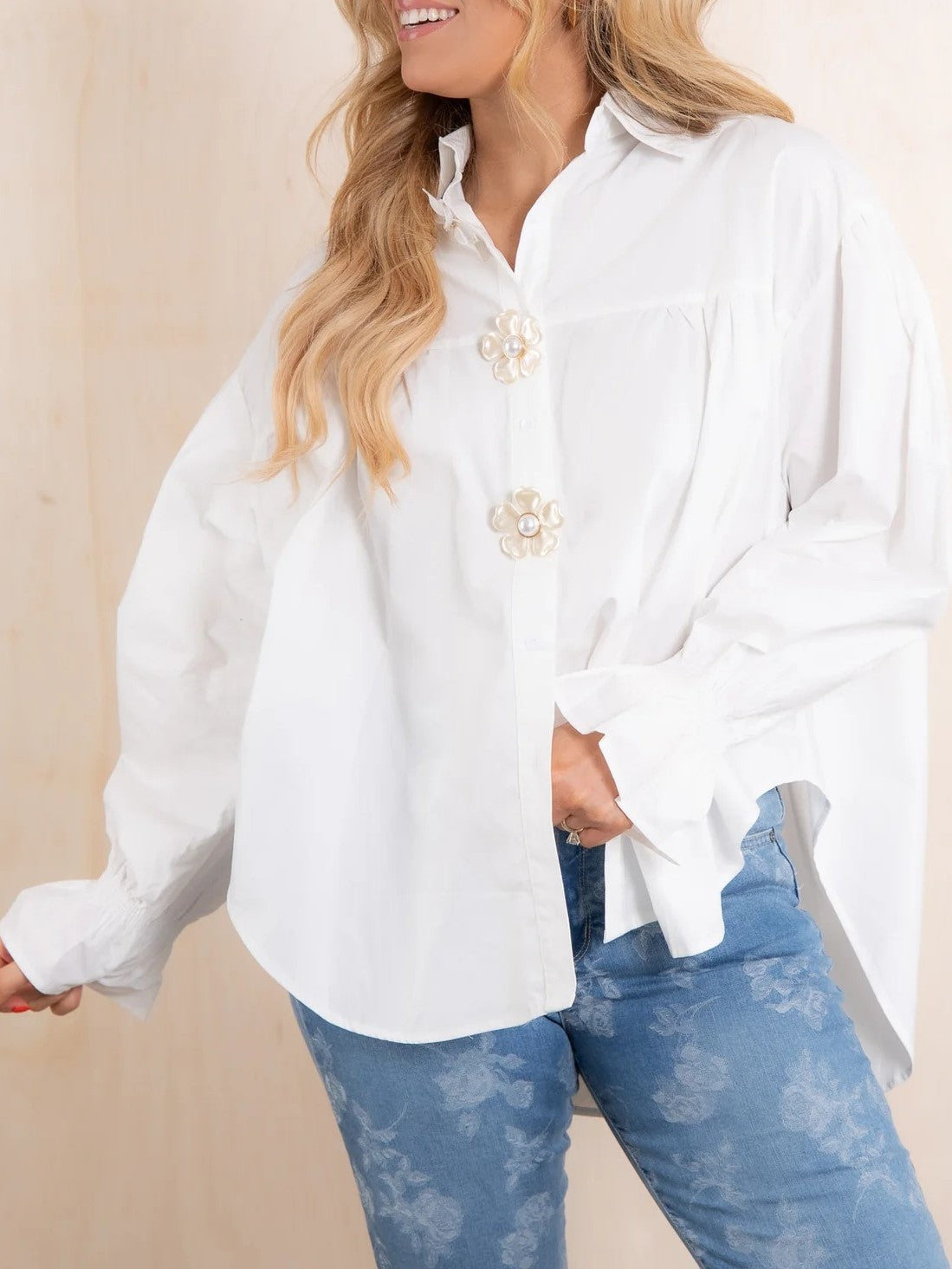 Flower Charm Button Oversized Poplin Shirt - white - 2