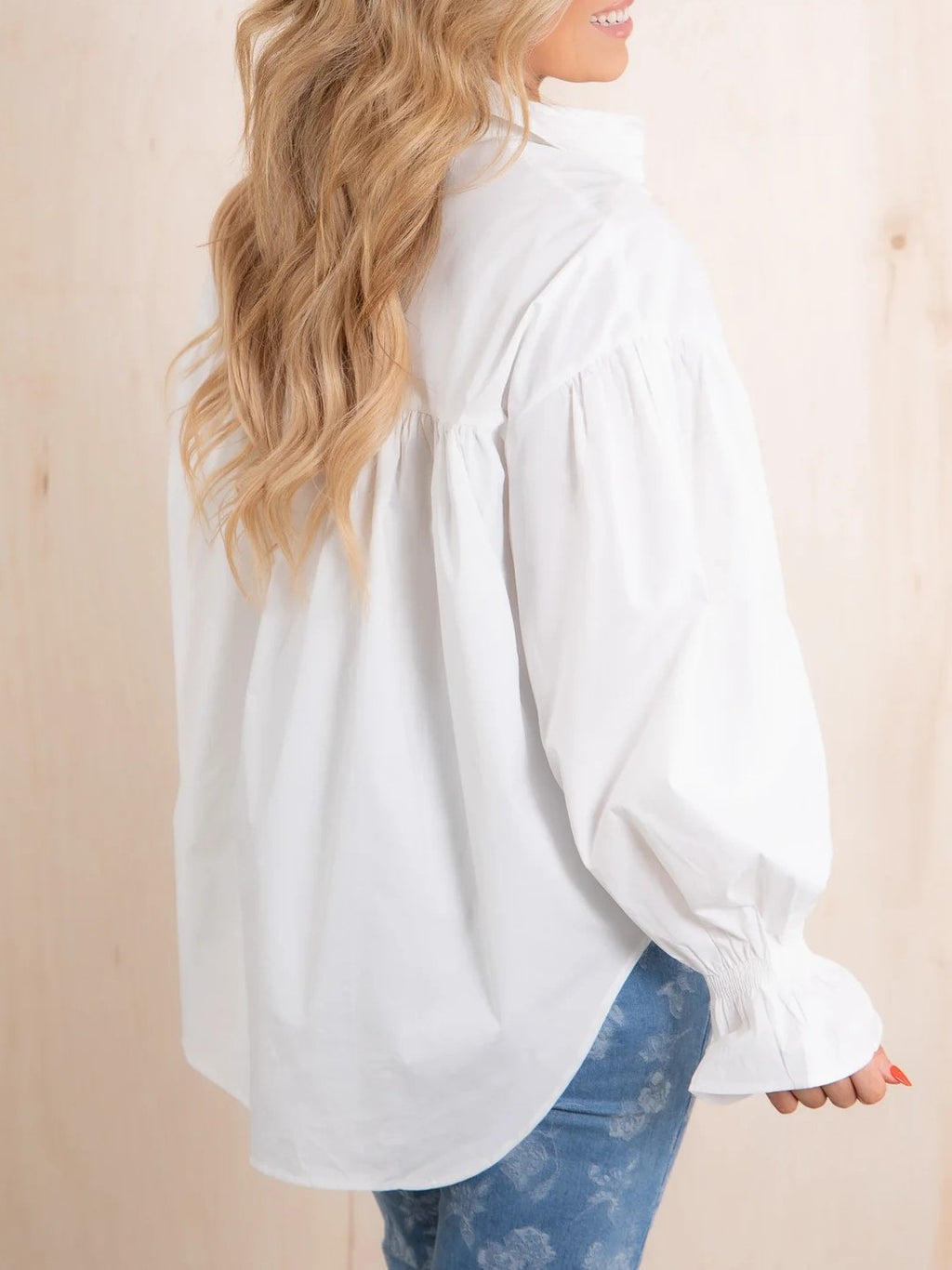 Flower Charm Button Oversized Poplin Shirt - white - 4