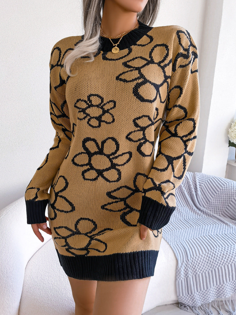 Outlined Daisy Knit Mini Sweater Dress - Khaki - 2