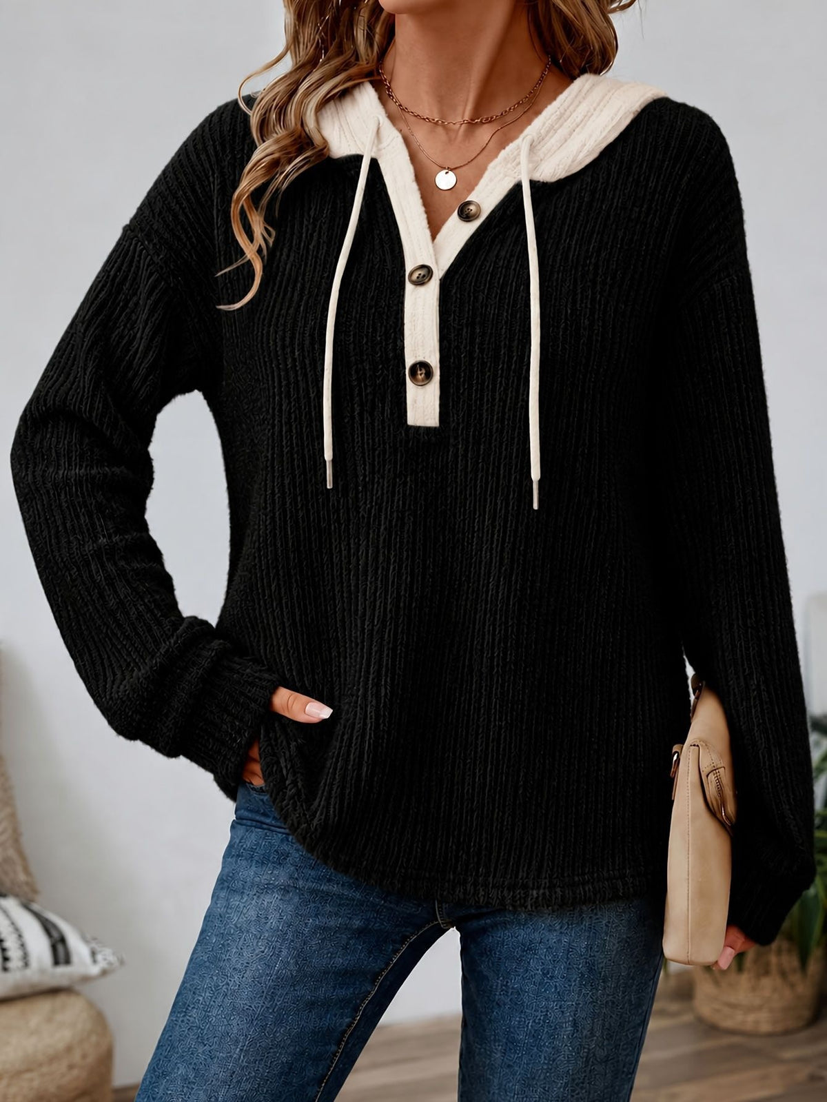 Contrast Hood Button Placket Ribbed Pullover - Black