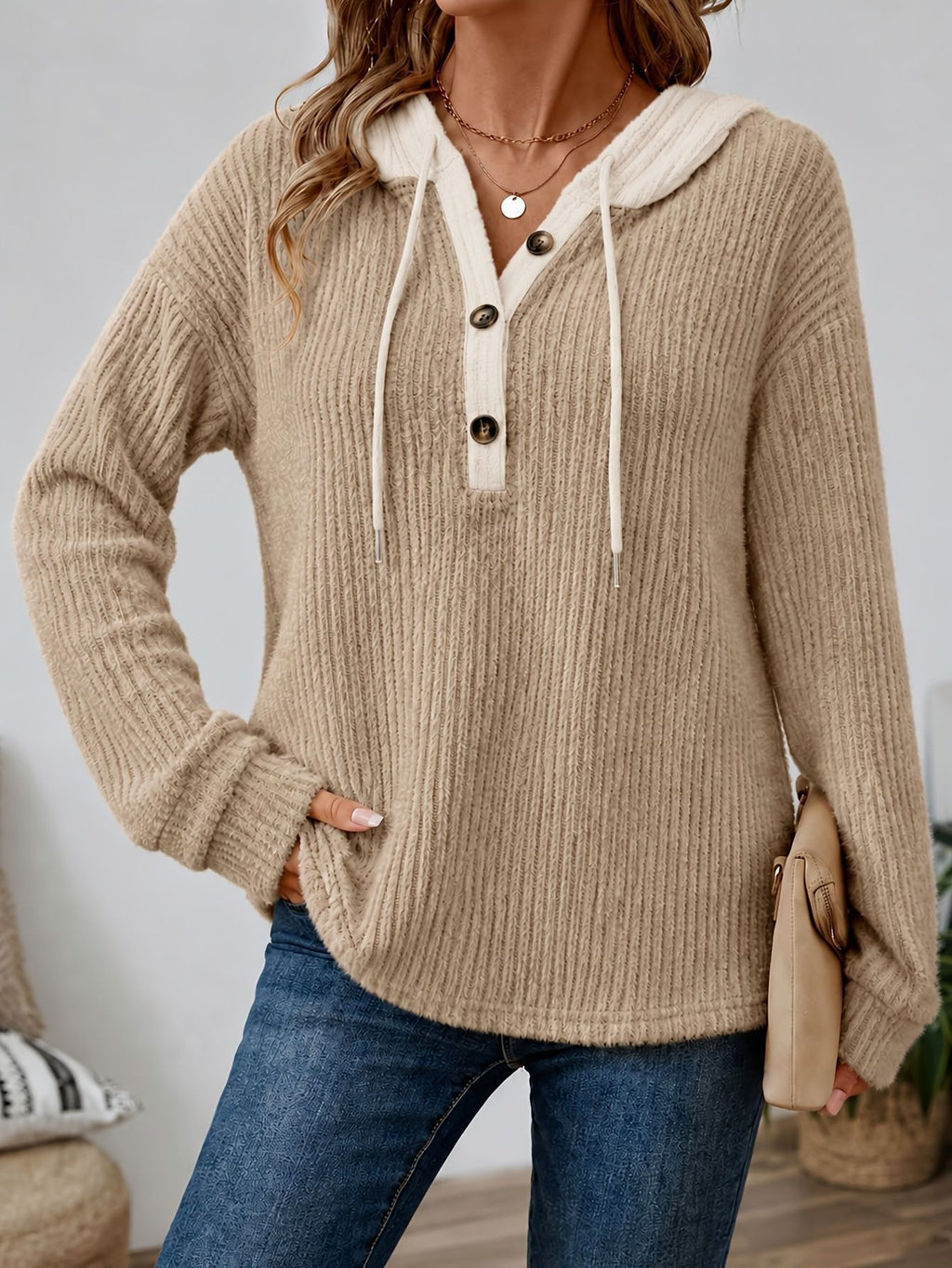 Contrast Hood Button Placket Ribbed Pullover - Khaki