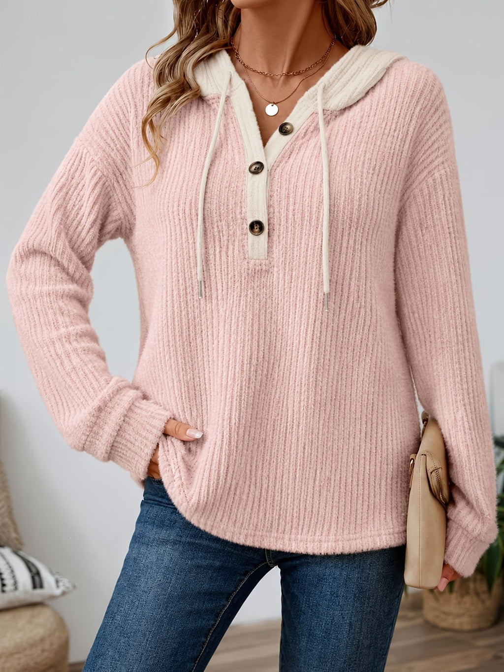 Contrast Hood Button Placket Ribbed Pullover - Pink