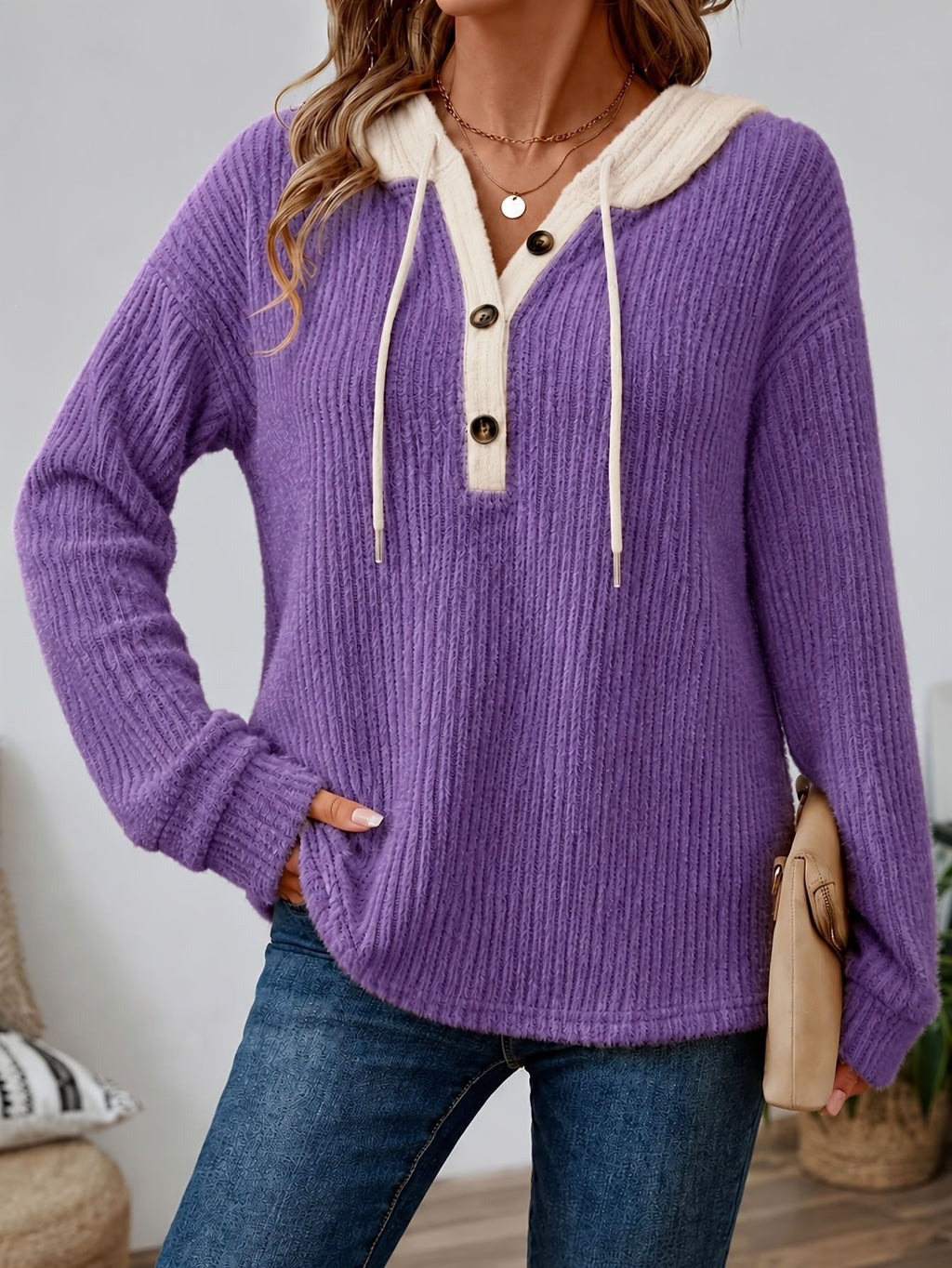 Contrast Hood Button Placket Ribbed Pullover - Purple