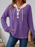 Contrast Hood Button Placket Ribbed Pullover - Purple