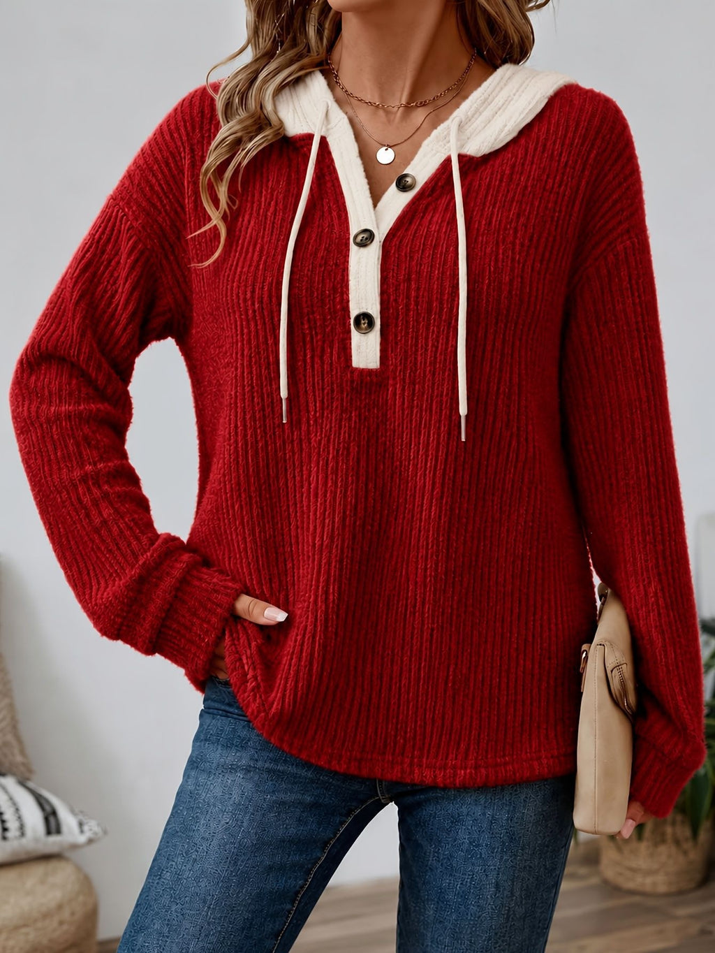 Contrast Hood Button Placket Ribbed Pullover - Red