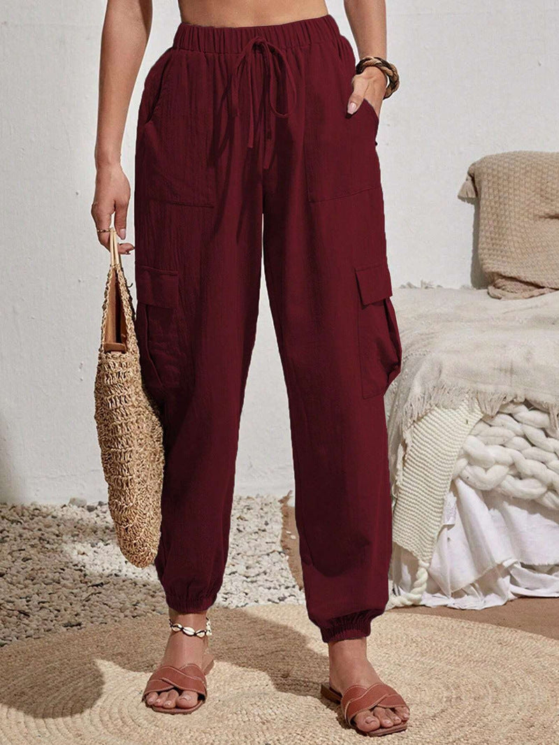 Boho High-Waist Drawstring Cuffed Cargo Joggers - Wine Red