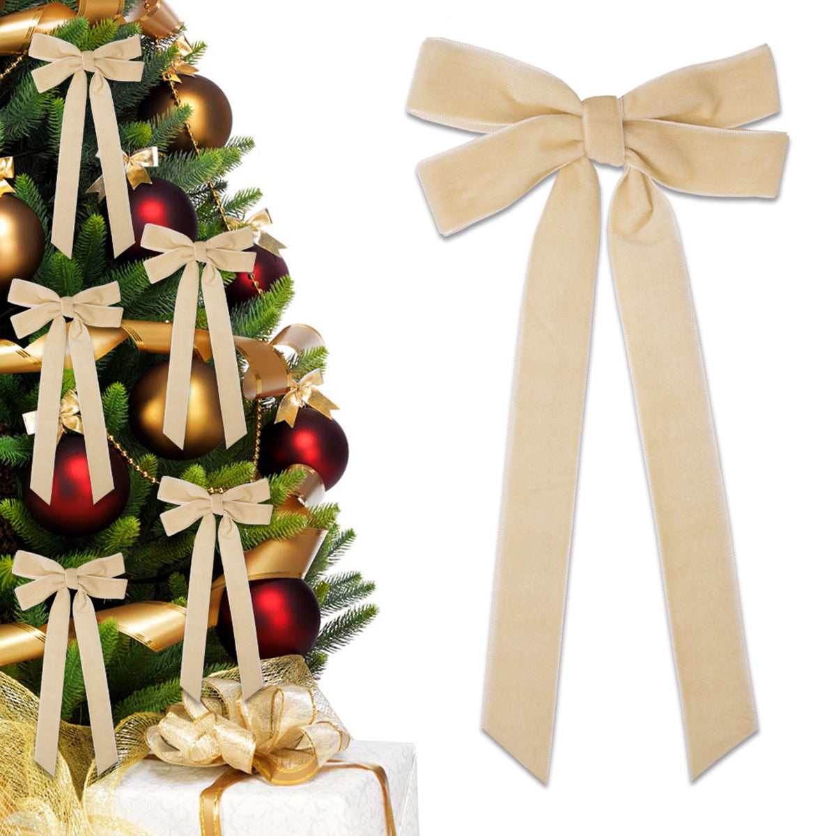 Velvet Christmas Tree Bow with Long Ribbon Tails - Champagne